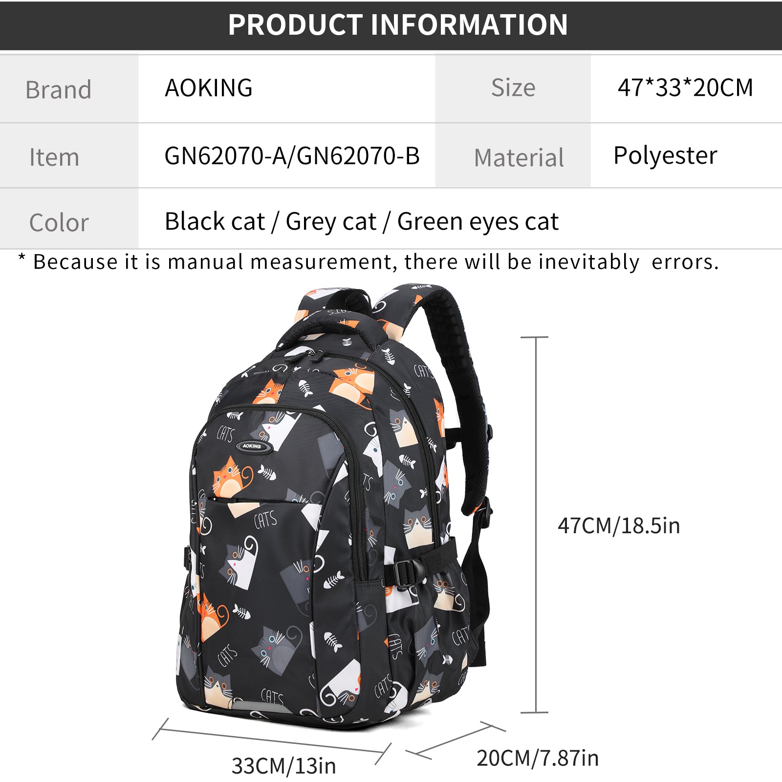 Aoking Backpack Black Casual Backpack Student Bag GN62070-A