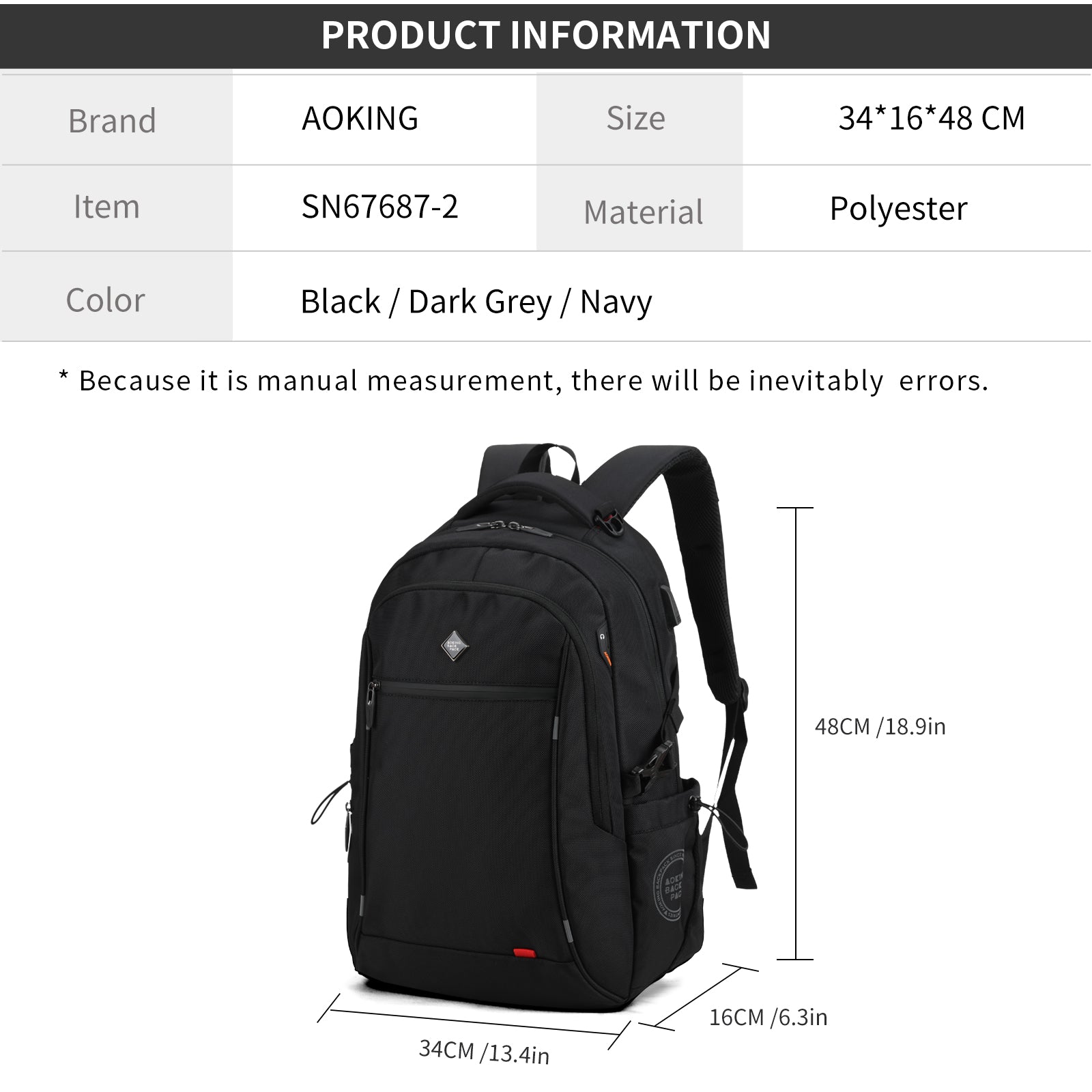 Aoking 15.6''Laptop Business Office Backpack Large Capacity Backpack SN67687-2