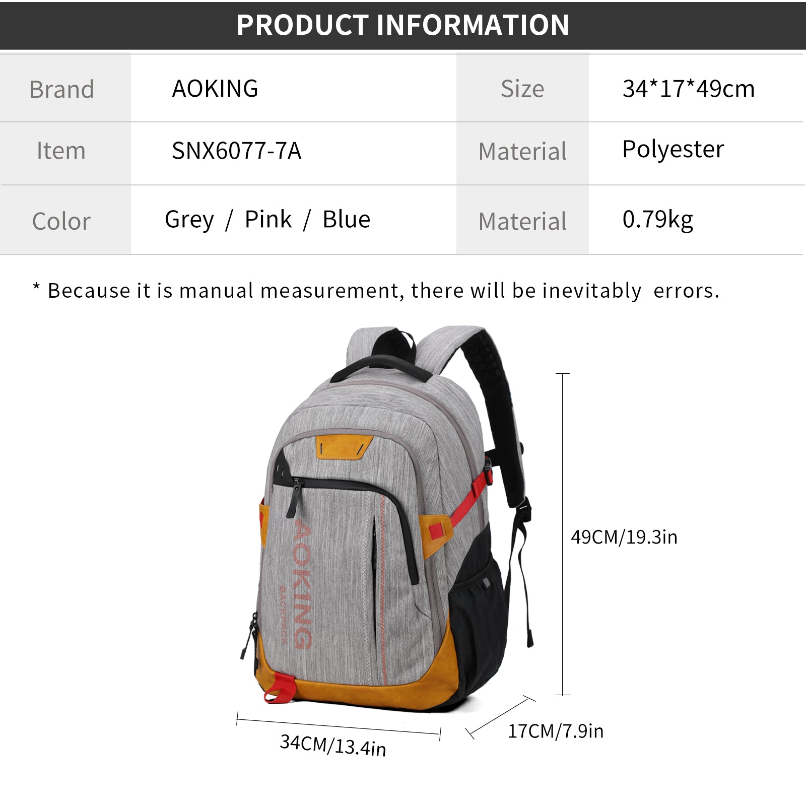 Aoking Backpack Large Capacity Casual Backpack Student Bag SNX6077-7A