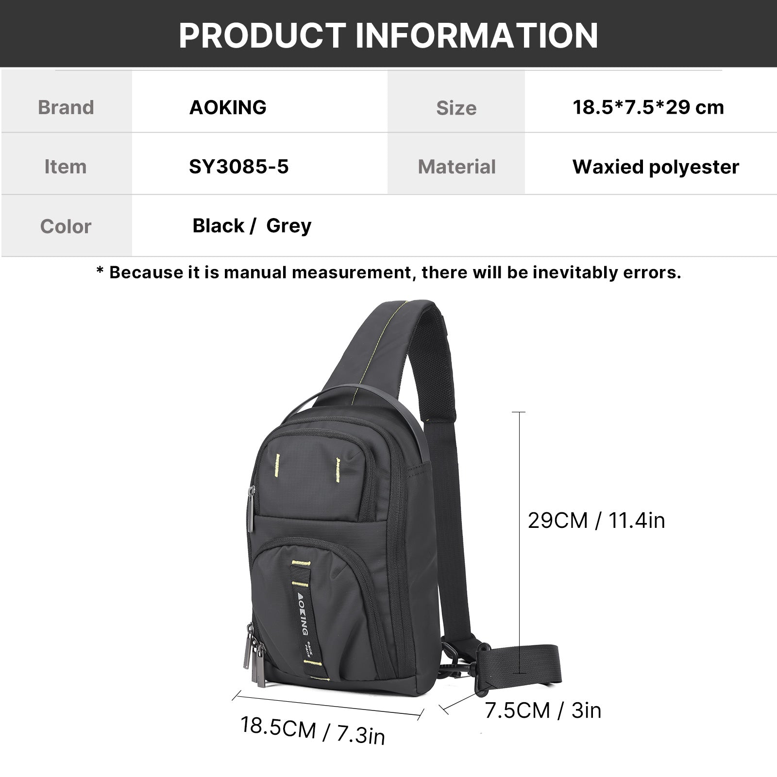 Aoking Black Fashion Men Waterproof Sling Bag SY3085-5
