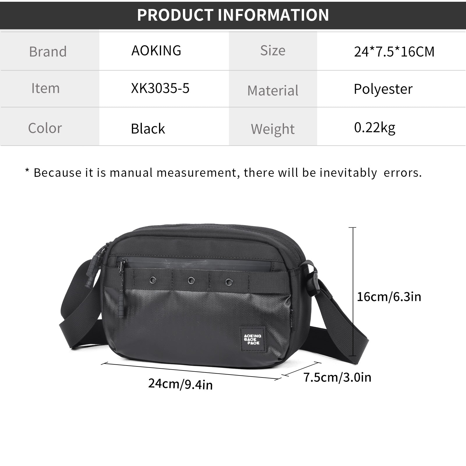 Aoking Black Fashion Men Waterproof Crossbody Sling Bag XK3035-5