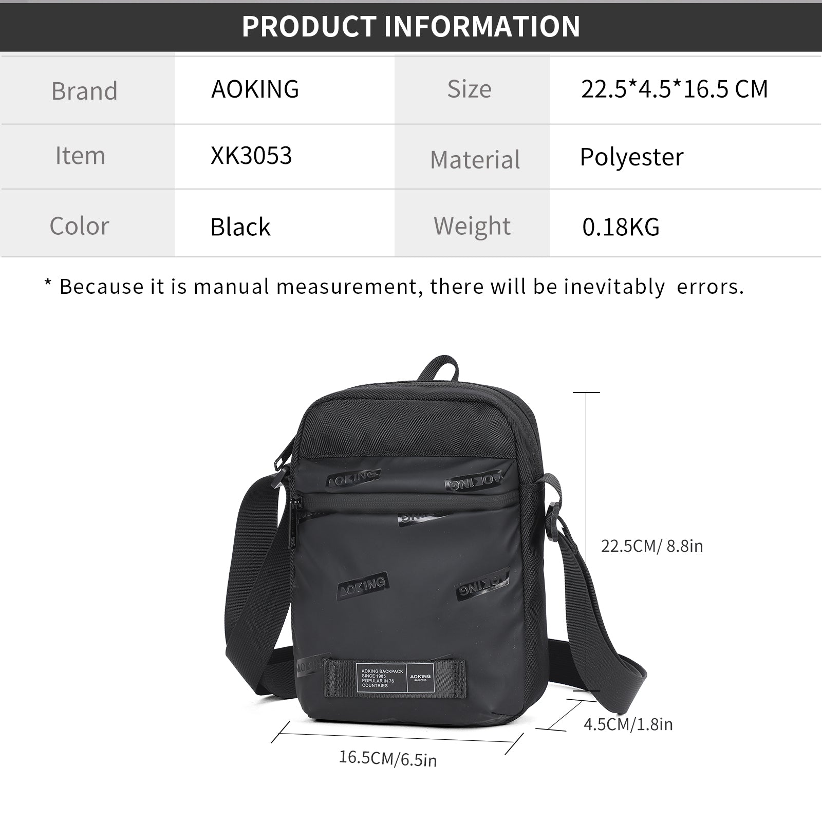 Aoking Black Fashion Men Waterproof Sling Bag XK3055
