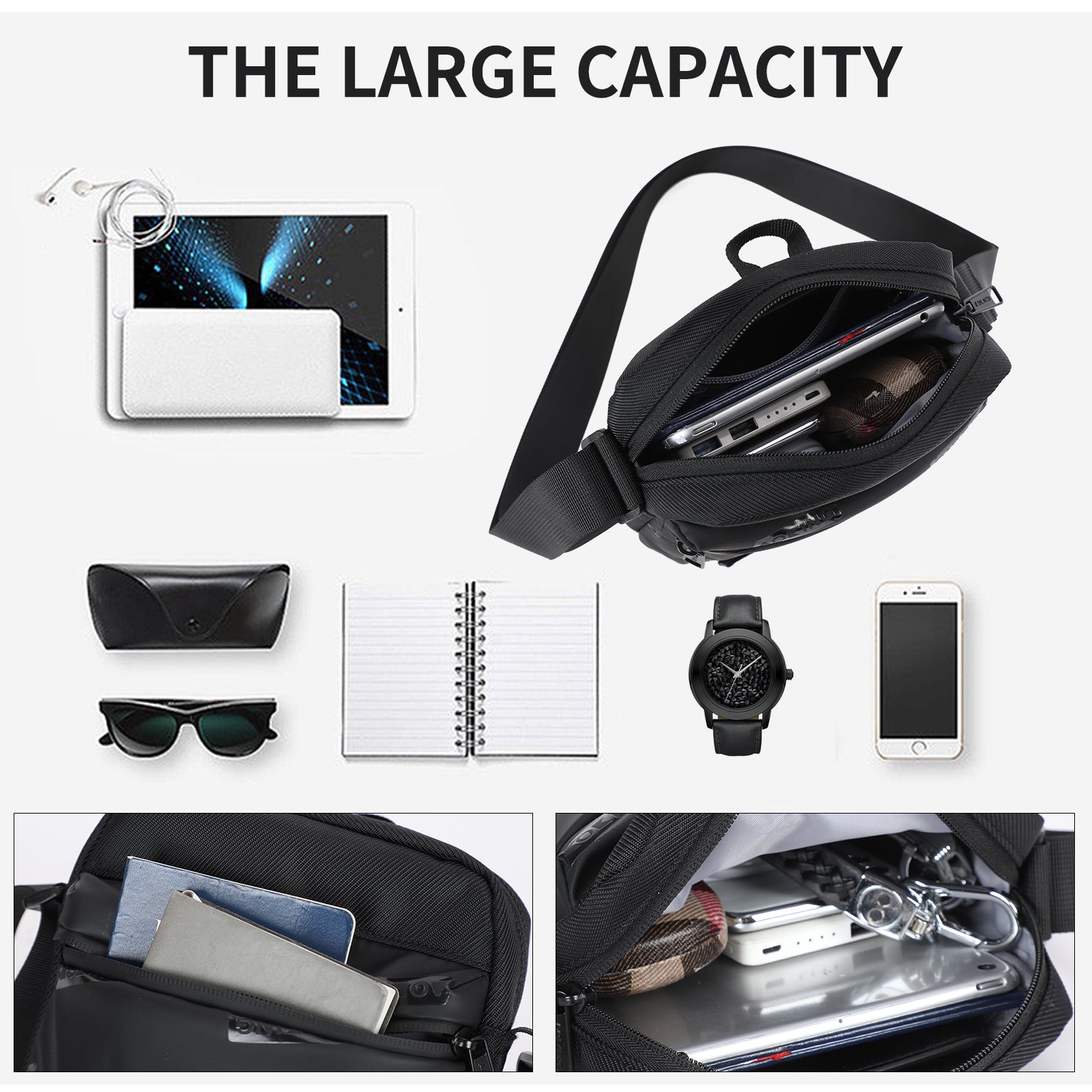 Aoking Black Fashion Men Waterproof Sling Bag XK3055