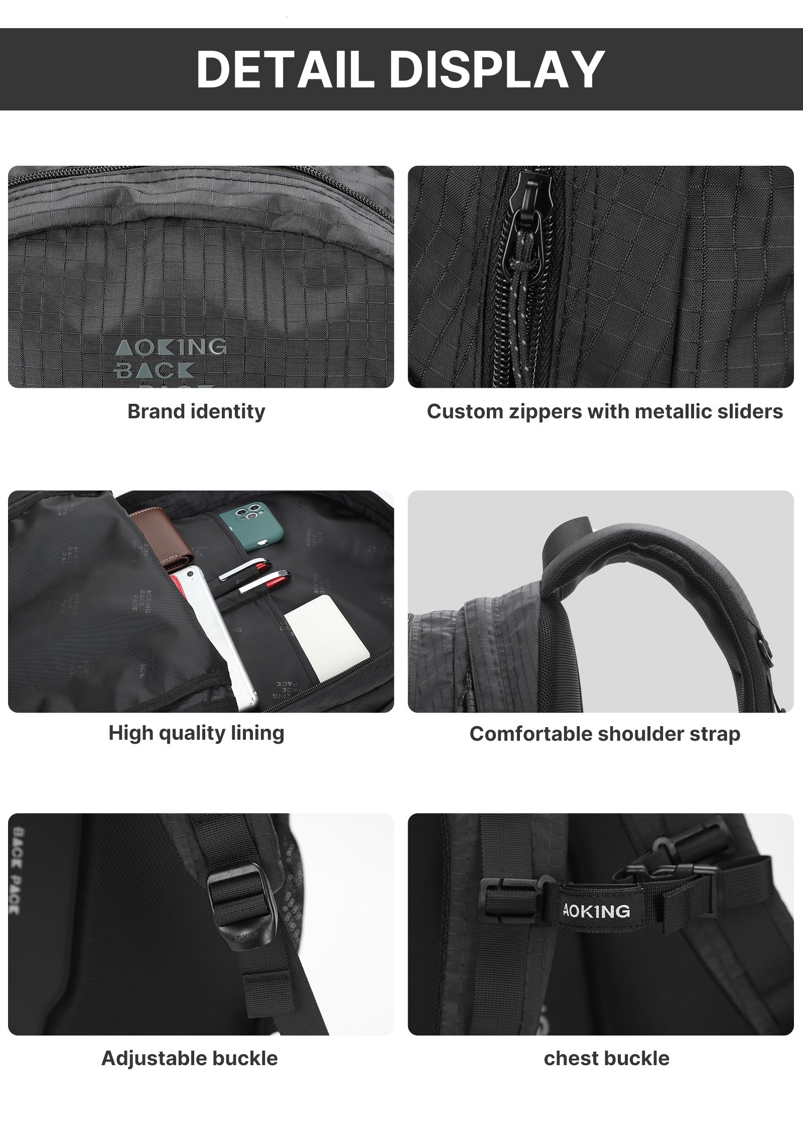 Aoking Backpack Black Casual Backpack Student Bag XN3378