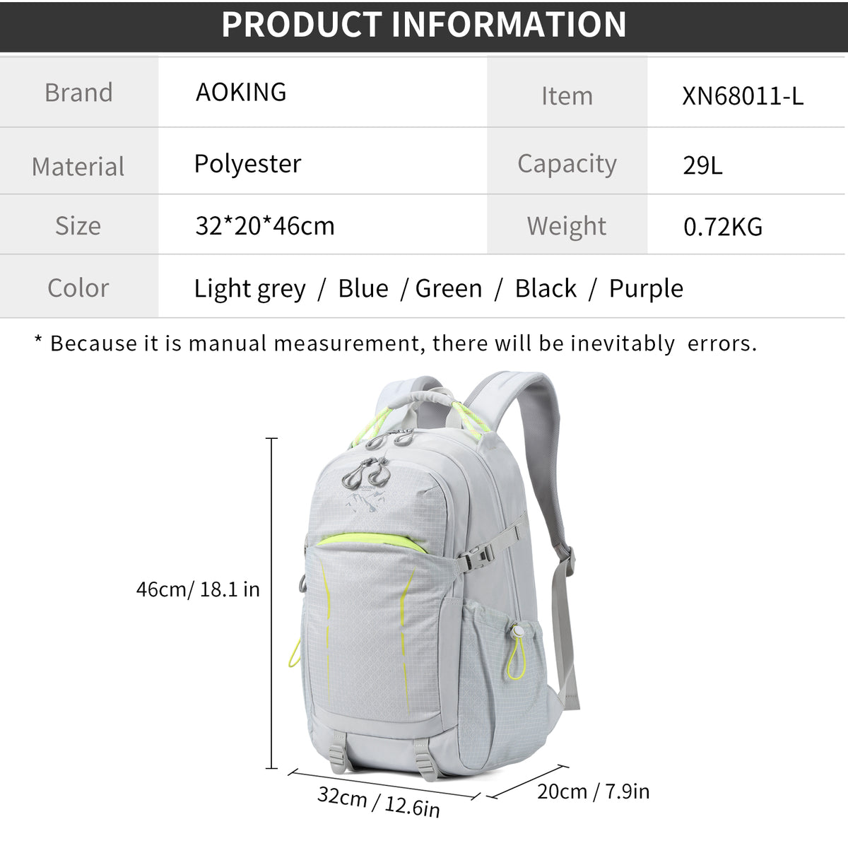Aoking Various Color Lightweight Casual Backpack 29L XN68011-L