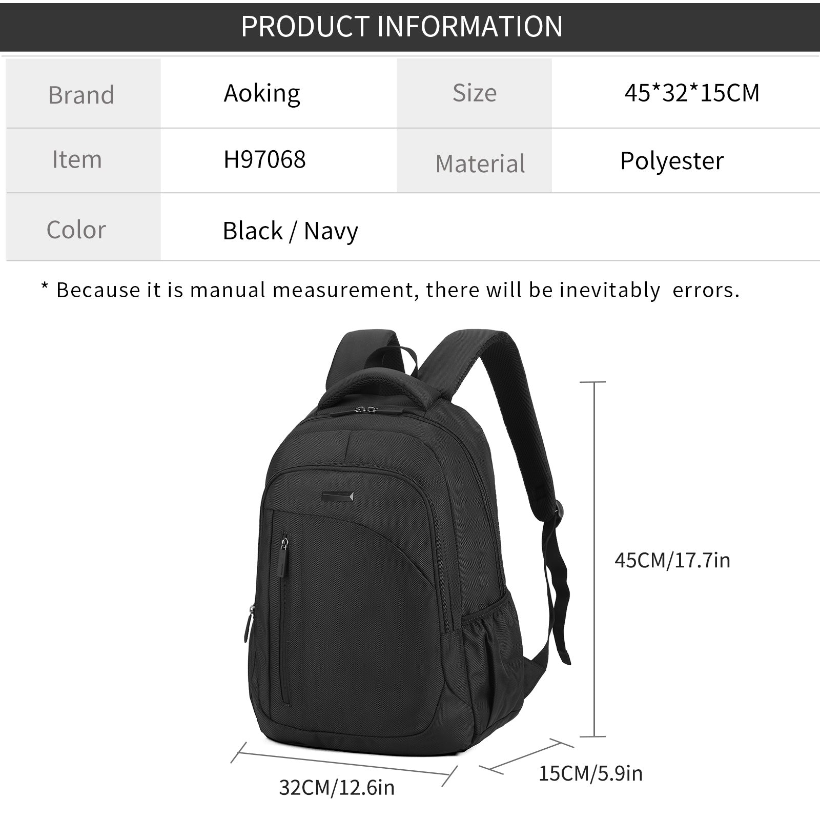 Aoking Backpack Black Casual Backpack Student Bag H97068