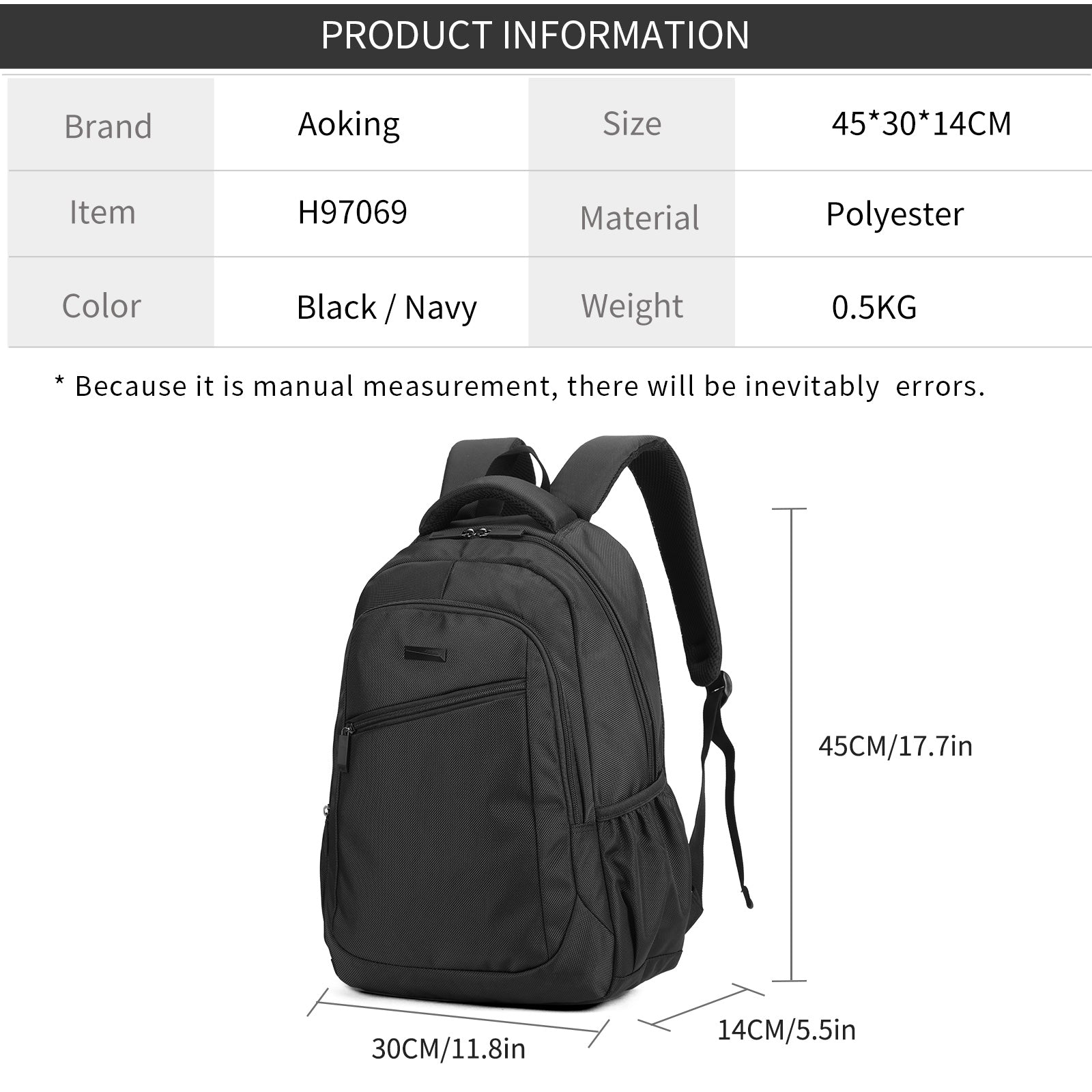 Aoking Backpack Black Casual Backpack Student Bag H97069