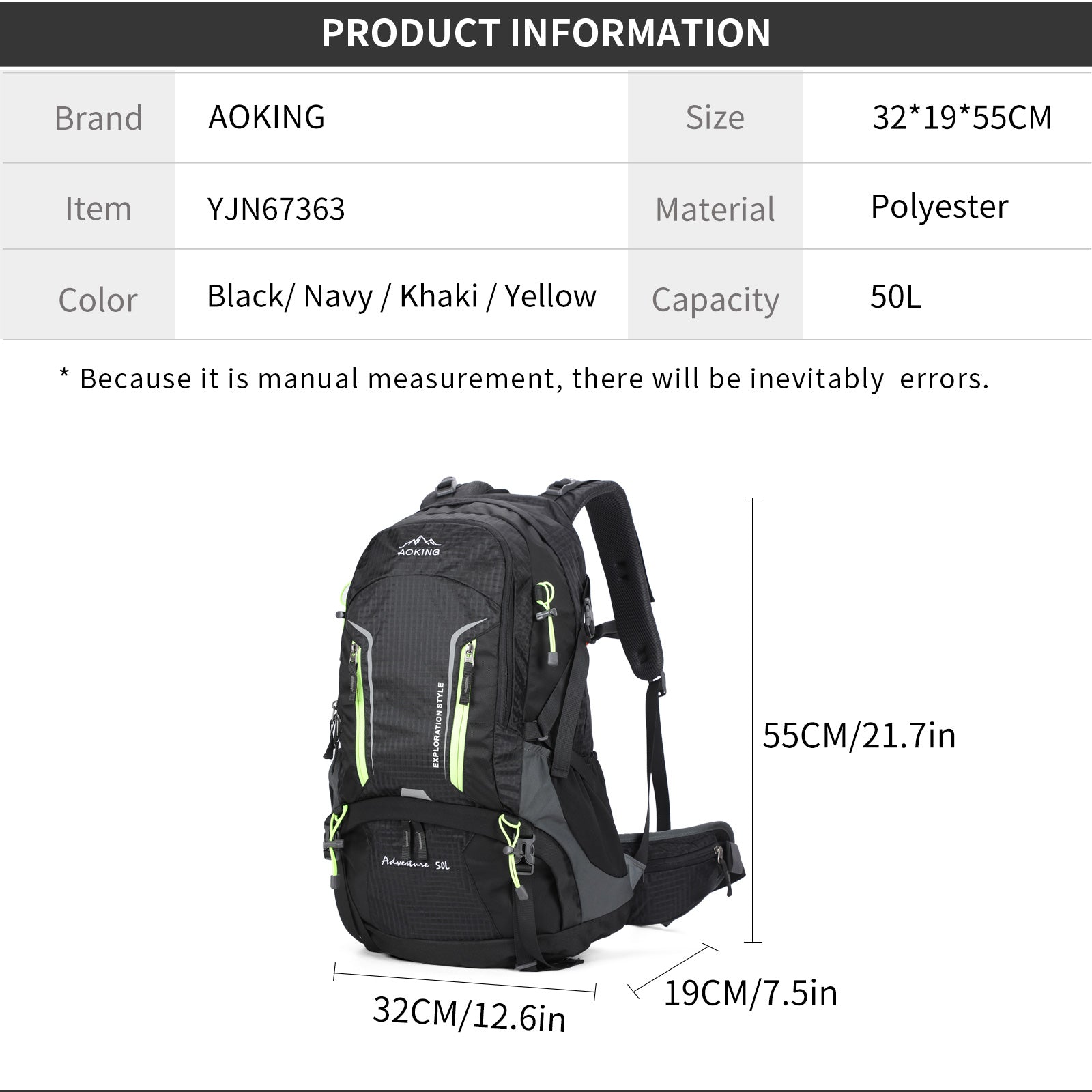 Aoking Backpack Large Capacity Casual Backpack Waterpoor Outdoor Bag YJN67363